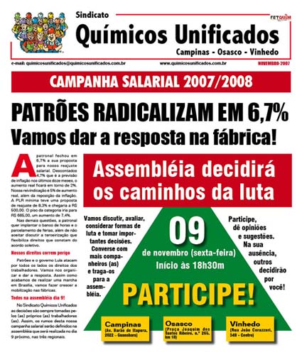 Capa jornal contraproposta patronal e assembléia dia 09 de novembro da campanha salarial 2007