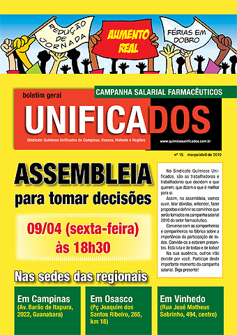 Capa da convocação para a assembleia de 09/04/10 da campanha salarial 2010 da campanha salarial