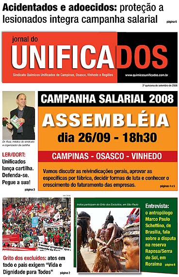 Capa do jornal do Sindicato Químicos Unificados, edição da 2ª quinzena de setembro de 2008