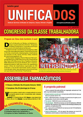 Capa do Jornal do Unificados abril-2010 que convoca para assembleia campanha salarial farmacêuticos e definir delegados para congresso
