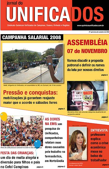  	Capa do jornal Unificados da segunda quinzena de outubro de 2008