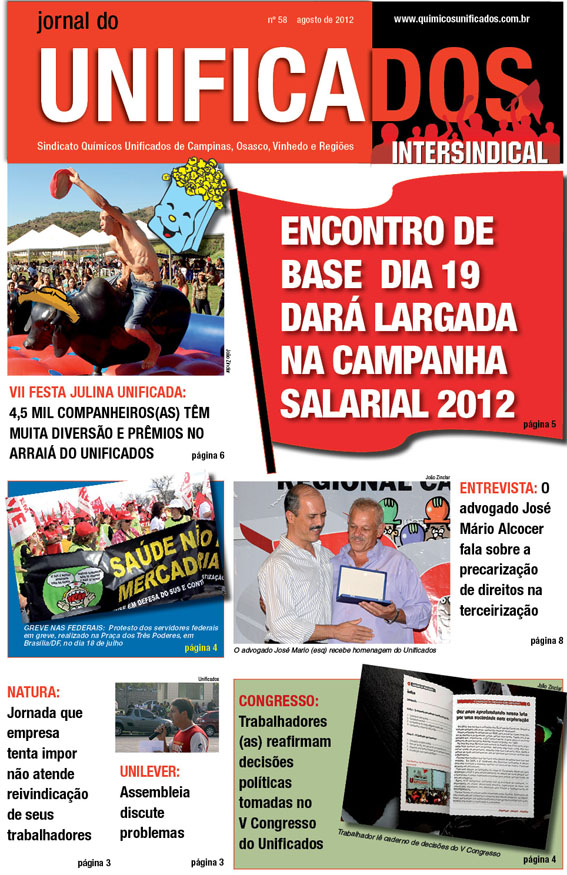 Capa do Jornal do Unificados, edição 58ª, agosto/2012