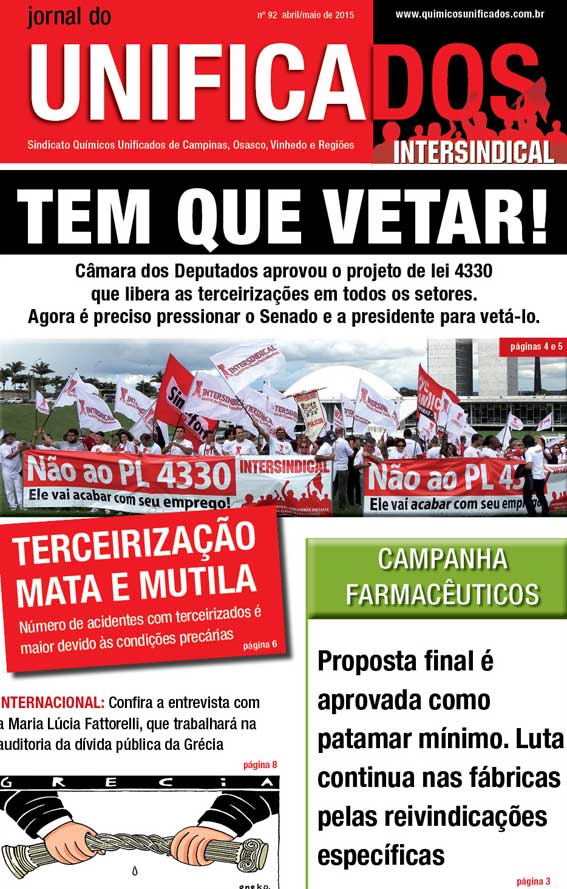 Capa do Jornal do Unificados - edição 92 - abril/maio 2015